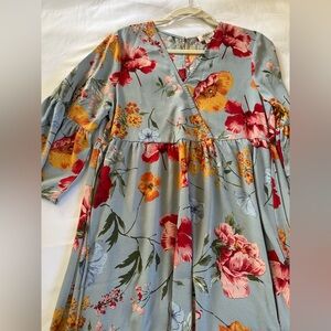 Umgee Blue Floral Babydoll Dress Small Boho Bell Sleeve Flowy